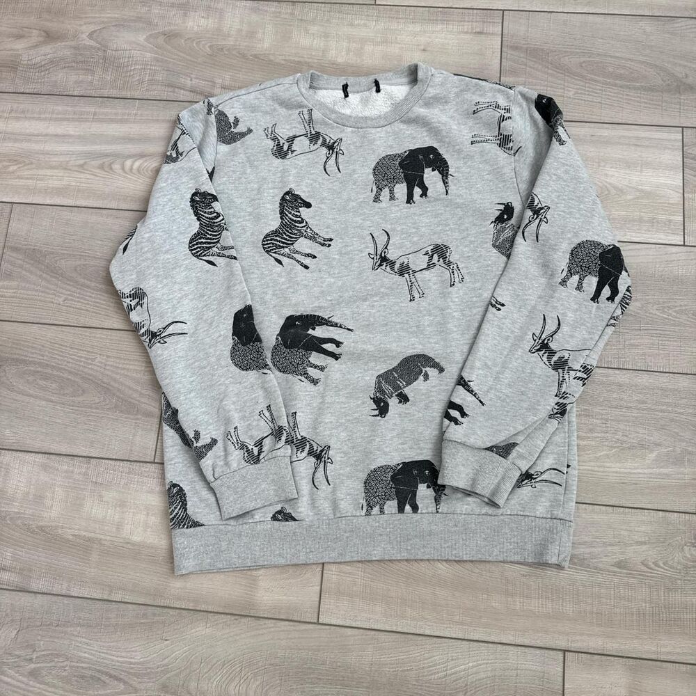 Zara Sweatshirt Men's Large Grey Animal Print Crewneck Pullover - Picture 3 of 6